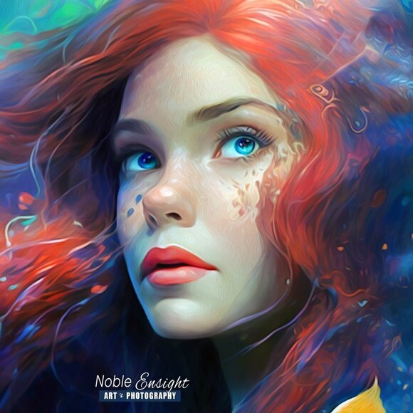 8x8 Princess Ariel Portrait Wall Art Fantasy‎ Watercolor Oil Painting Print - Picture 5 of 8